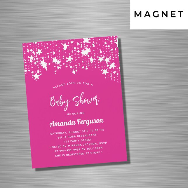 Baby Shower hot pink white stars girl luxury Magnetic Invitation (Creator Uploaded)