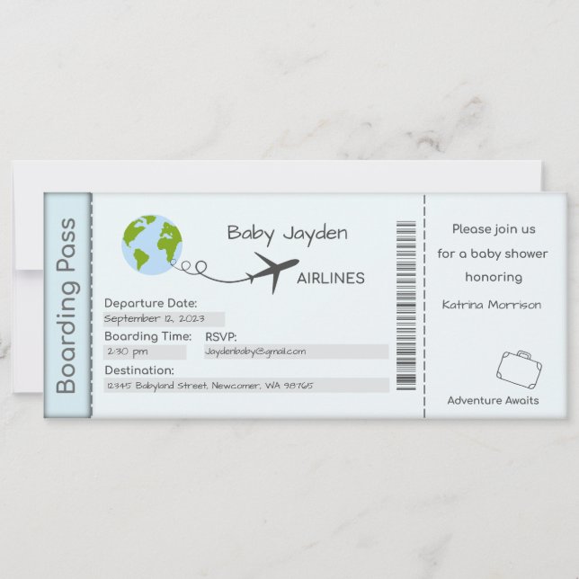 Baby Shower Invitation, Adventure Awaits, Travel Invitation (Front)