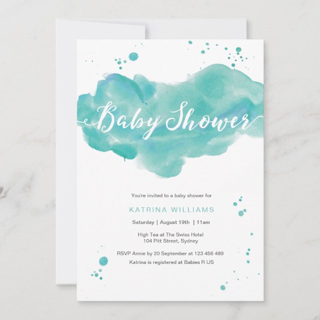 Baby Shower invitation | Aqua watercolor splashes (Front)