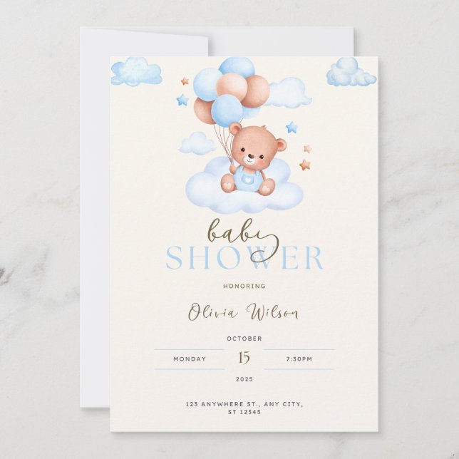 Baby Shower Invitation, Baby boy bear invitations (Front)