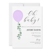 Baby Shower Invitation, Baby Girl, Purple Balloon