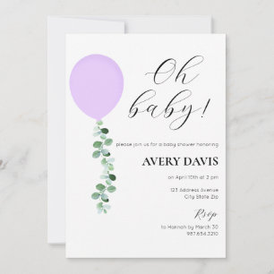 Baby Shower Invitation, Baby Girl, Purple Balloon Invitation