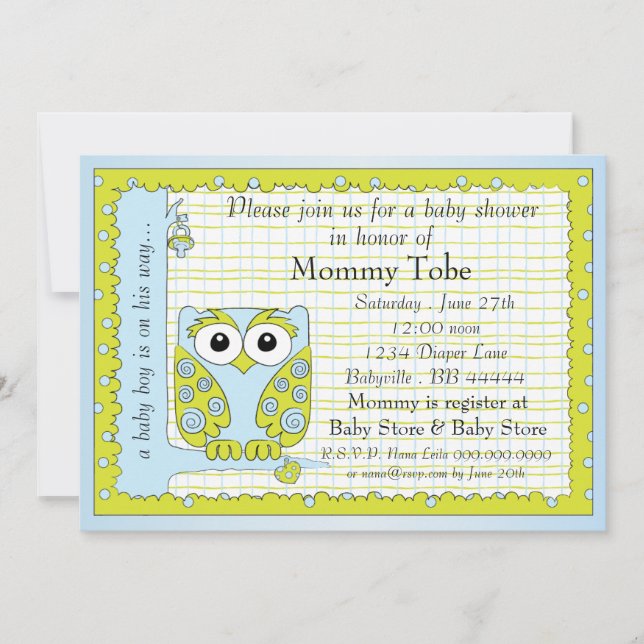 Baby Shower Invitation Blue Green Owl (Front)
