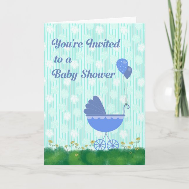 Baby Shower Invitation Blue & Green with Carriage (Front)