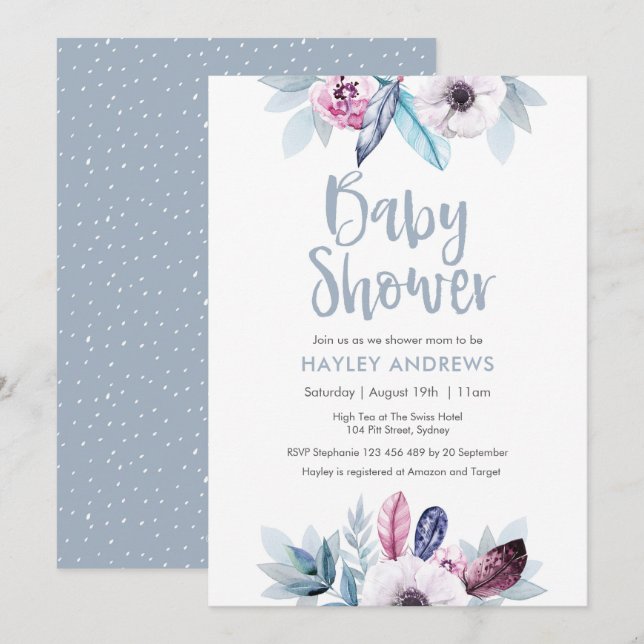 Baby Shower invitation blue purple floral feathers (Front/Back)