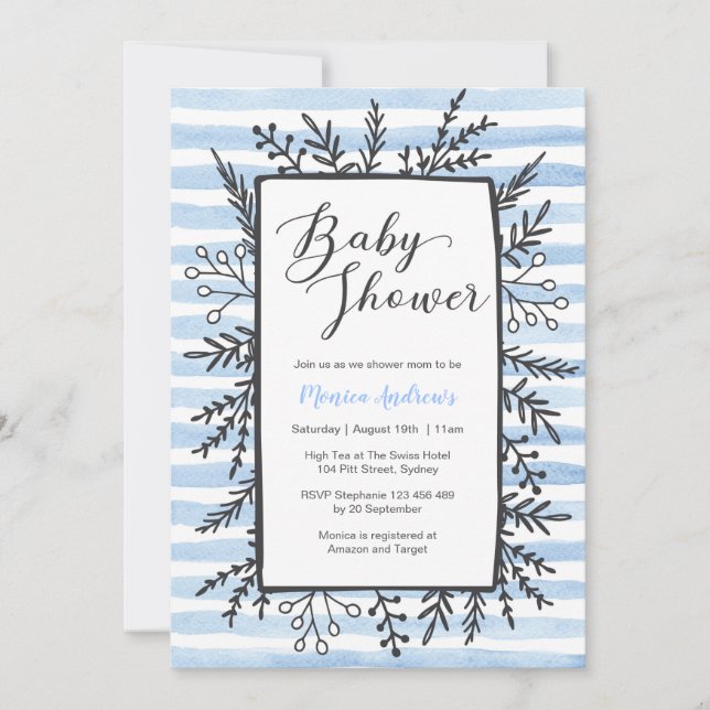 Baby Shower invitation | Blue stripes and florals (Front)