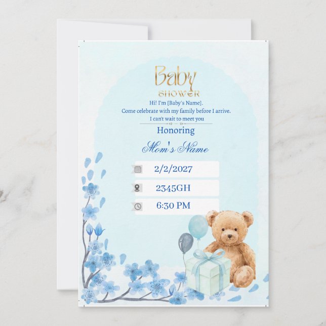 Baby Shower Invitation | Blue Teddy Bear Bab (Front)