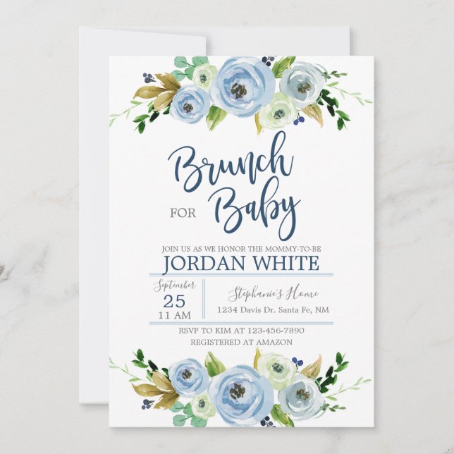 Baby shower invitation boy, blue floral invite (Front)