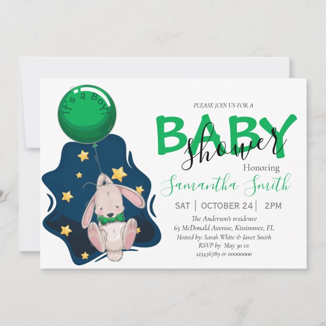 Baby Shower invitation, Boy Rabbit Invitation (Front)