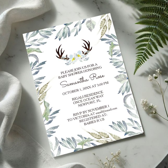 Baby Shower Invitation Boy, Rustic (Baby shower invitations features deer antlers, flowers and a boarder or greenery by VG Invites)