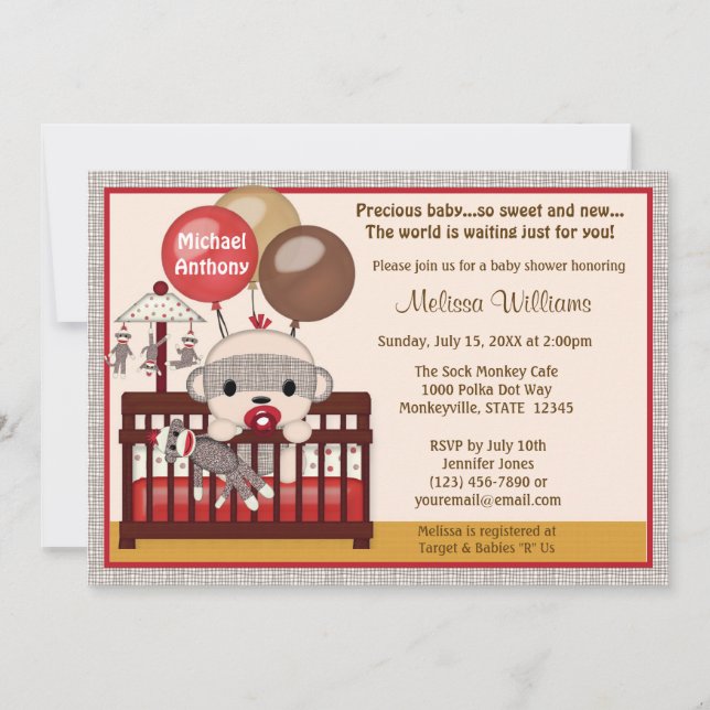 Baby Shower invitation BOY Sock MONKEY Crib SMC-B (Front)