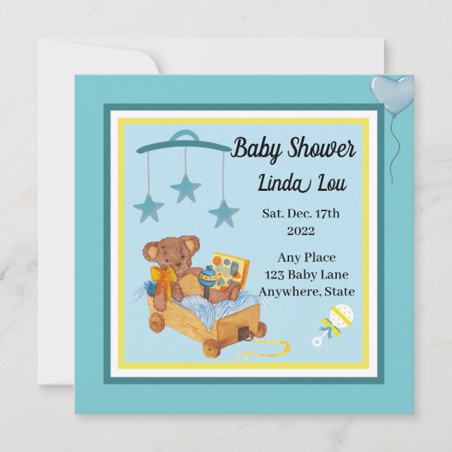 Baby Shower Invitation Boy Teddy Bear Blue  (Front)