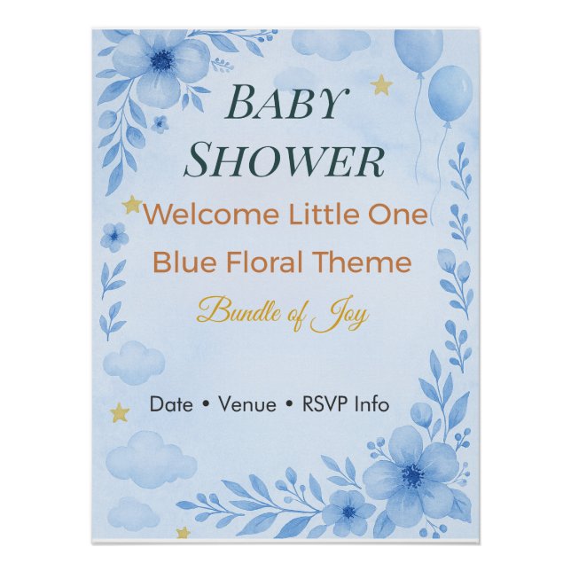 Baby Shower Invitation Bundle of Joy Blue Floral Poster (Front)