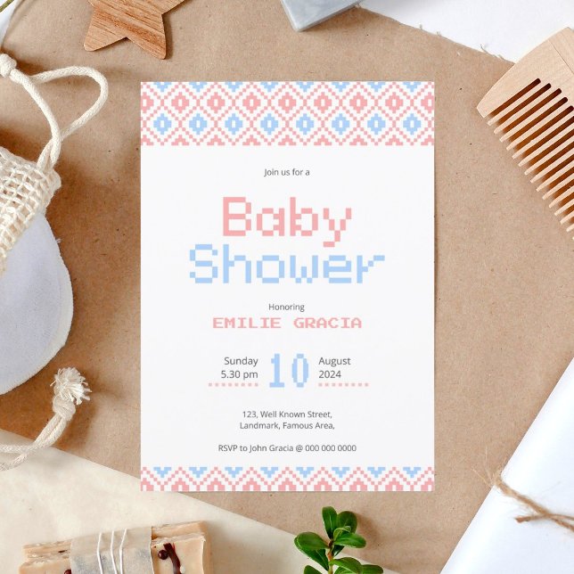 Baby Shower Invitation Card | Pixel Weaving (cute , unique invitation card for baby shower with soft colors and pixel pattern )