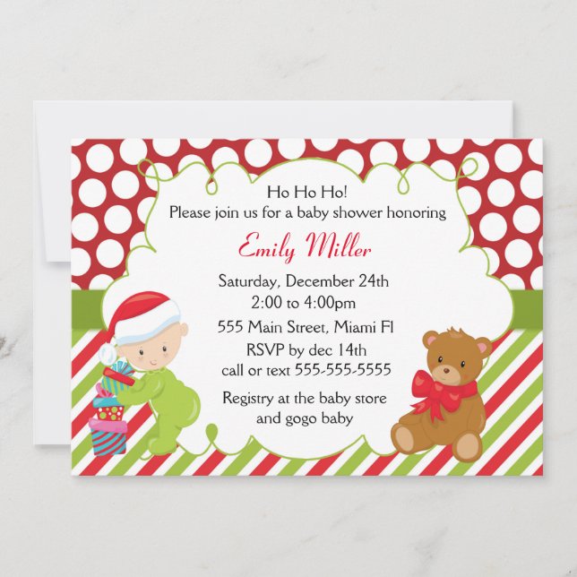 Baby Shower Invitation Christmas Teddy Bear (Front)