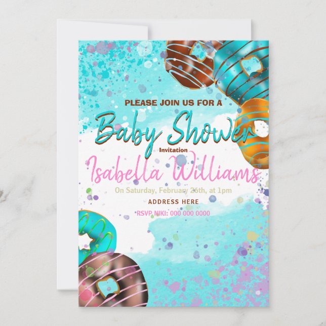 Baby shower invitation colourful doughnuts (Front)
