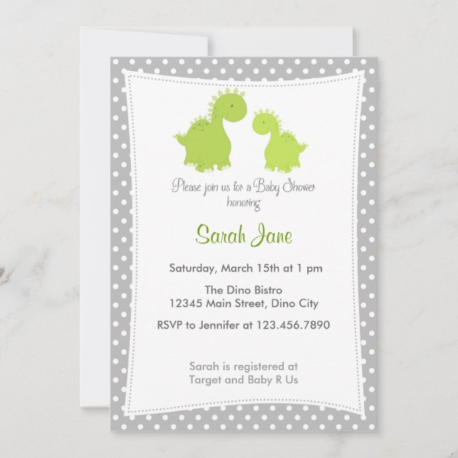 Baby Shower Invitation Cute Dinosaur Grey Green (Front)
