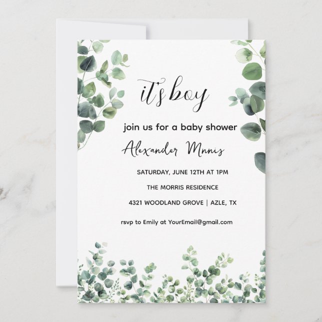 Baby Shower Invitation,Eucalyptus Greenery Theme Invitation (Front)