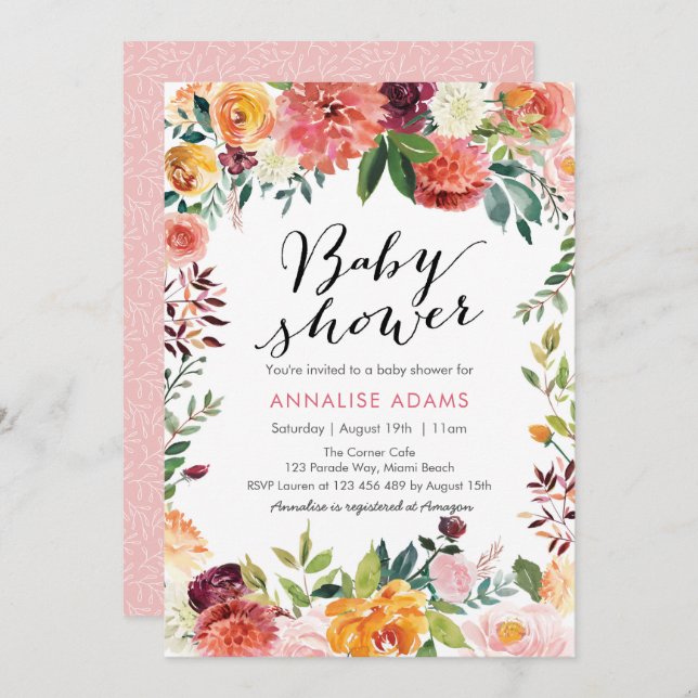 Baby Shower invitation | Fall florals (Front/Back)