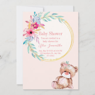 Baby shower invitation for girl with little bear 