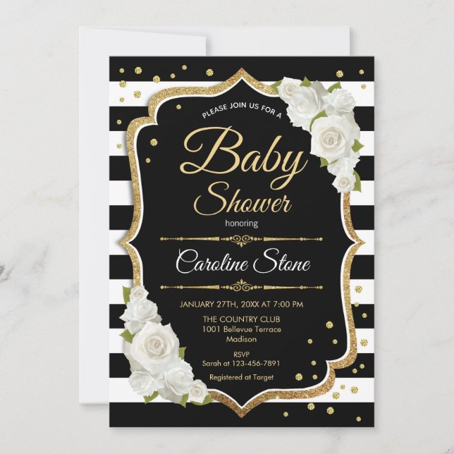Baby Shower Invitation Gold Black White (Front)