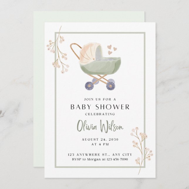 baby shower invitation green flowers pram (Front/Back)