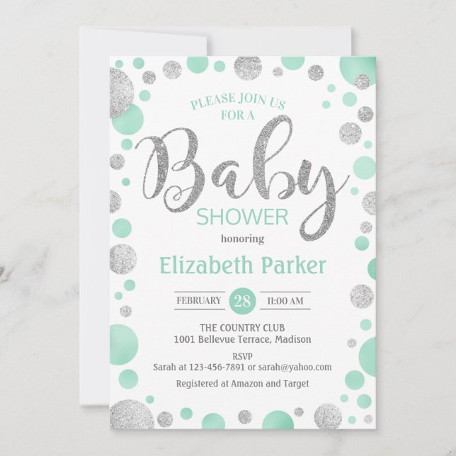 Baby Shower Invitation - Green Mint Silver Dots (Front)