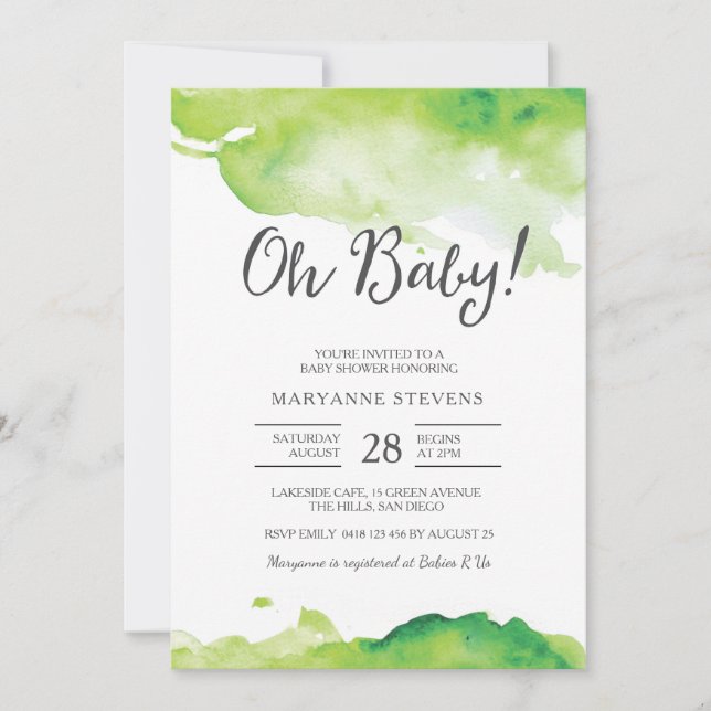 Baby Shower Invitation | Green watercolour (Front)