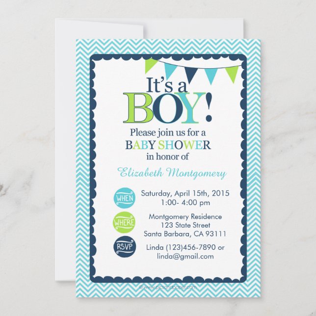 Baby Shower Invitation It's a Boy! Aqua, Green and (Front)