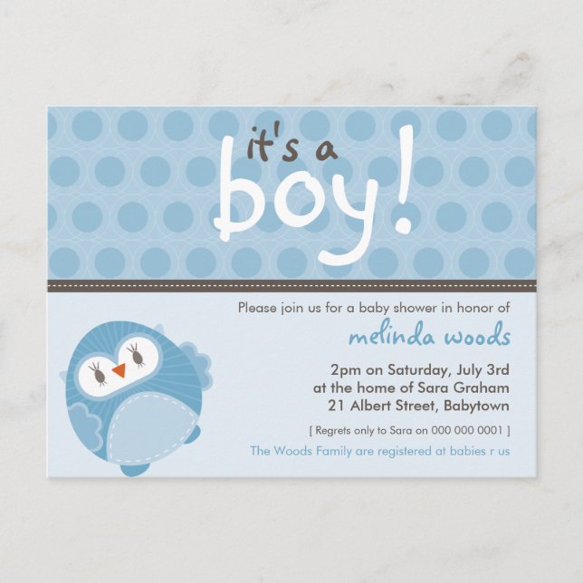 BABY SHOWER INVITATION :: it's a boy owl 7 (Front)