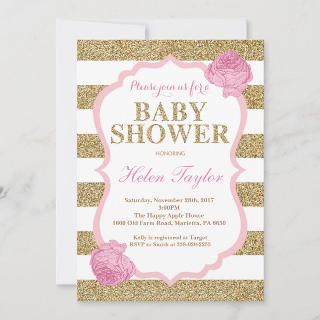 Baby Shower Invitation Pink and Gold Glitte Floral (Front)