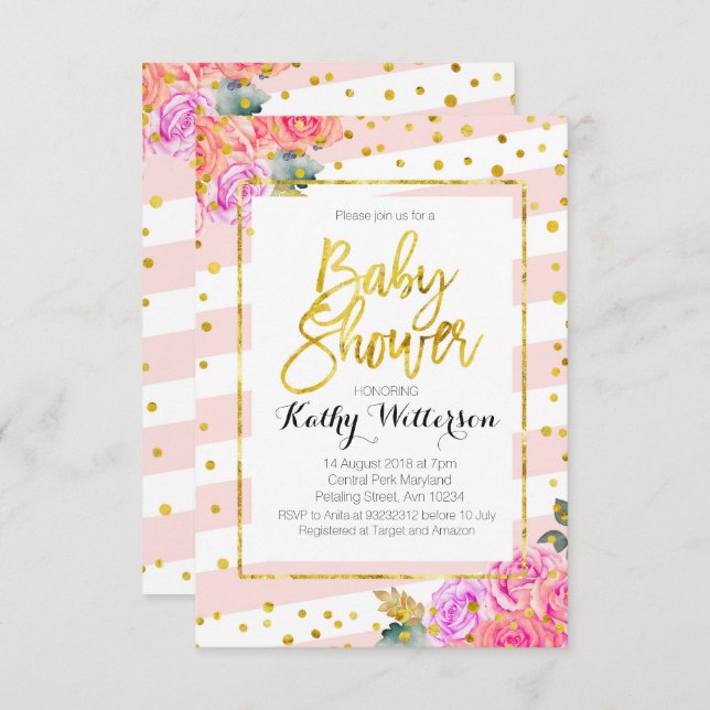 Baby Shower Invitation Pink Peach Gold (Front/Back)