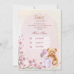 Baby Shower Invitation Pink Teddy Bear Bab