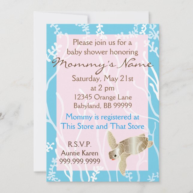 Baby Shower Invitation Pink/Turquoise Turtle (Front)