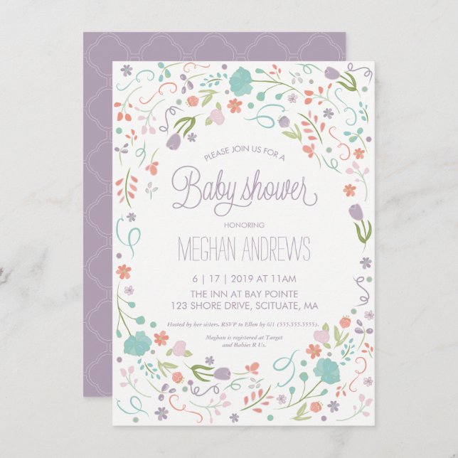 Baby Shower Invitation - Pretty Flowers, Girl (Front/Back)