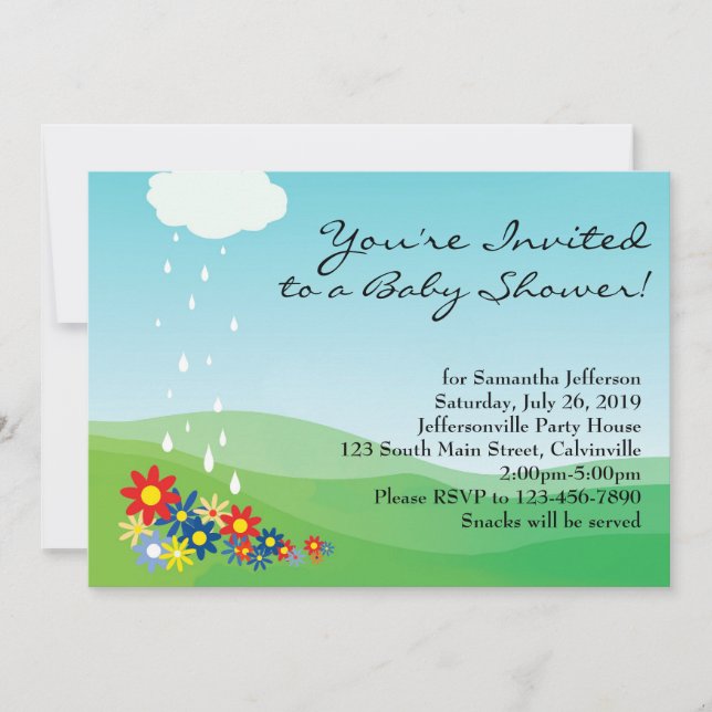 Baby Shower Invitation, Primary Flowers and Rain Invitation (Front)