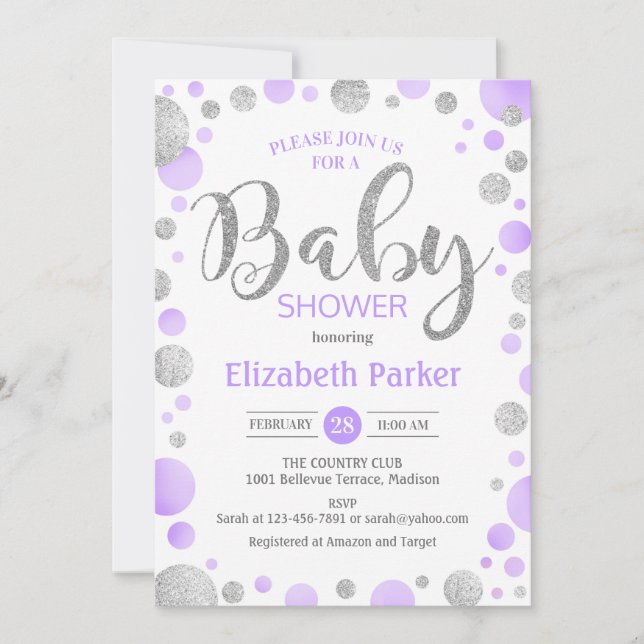 Baby Shower Invitation - Purple Silver Dots (Front)