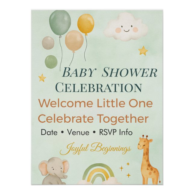 Baby Shower Invitation | Rainbow | Elephant | Cute Poster (Front)