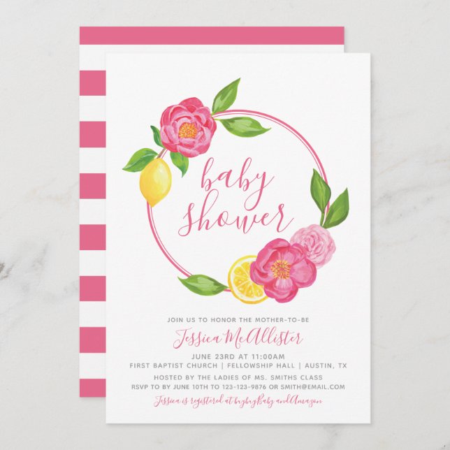 Baby Shower invitation Summer Citrus Floral Stripe (Front/Back)
