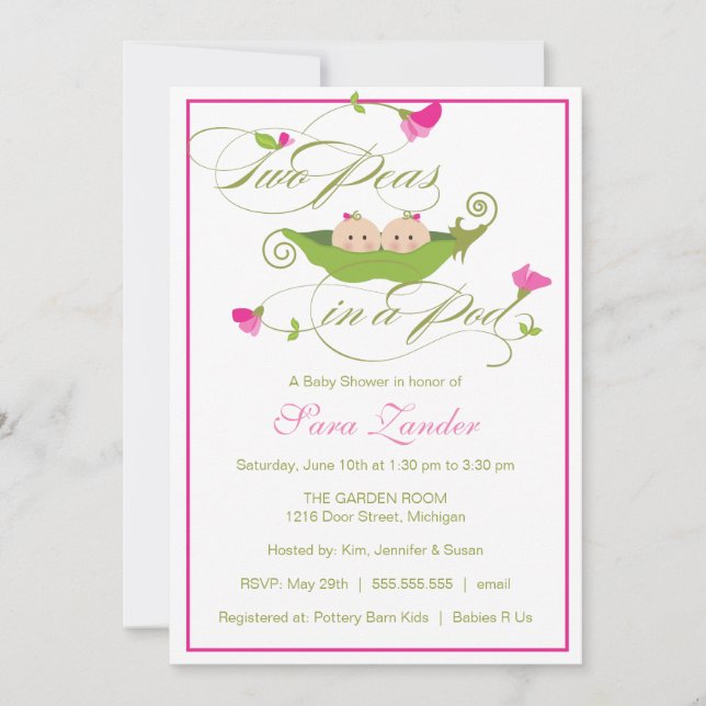 Baby Shower Invitation - Twin Girls Pea in a Pod (Front)