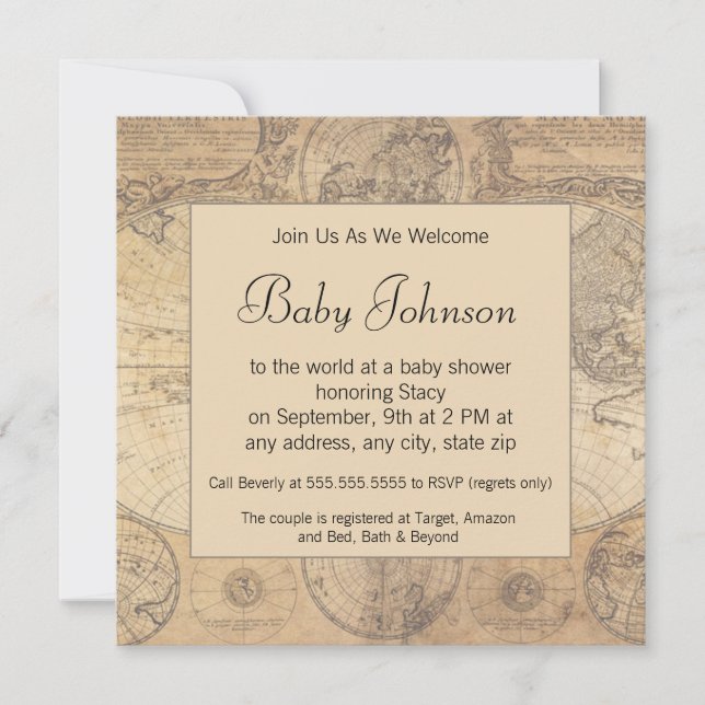 Baby Shower Invitation -  Vintage Map Theme (Front)