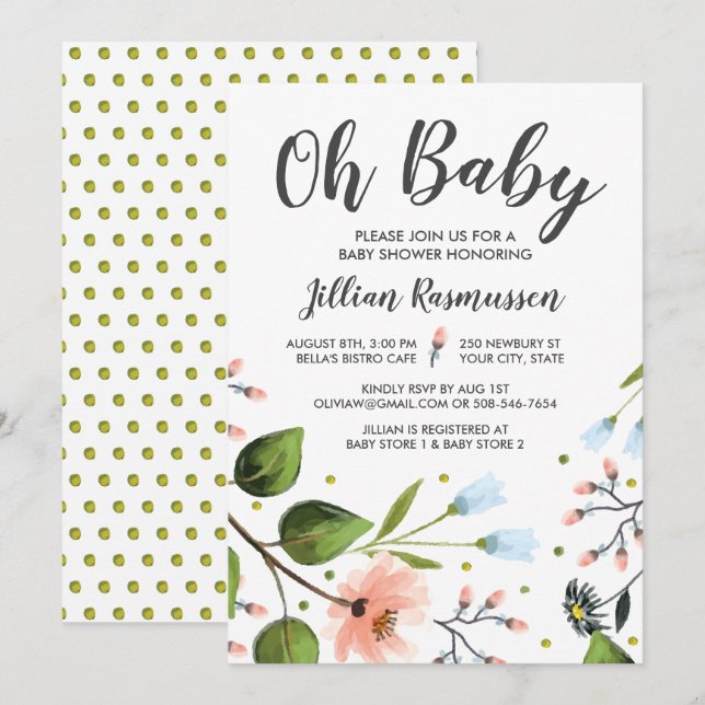 Baby Shower Invitation Watercolor Flowers Oh Baby (Front/Back)