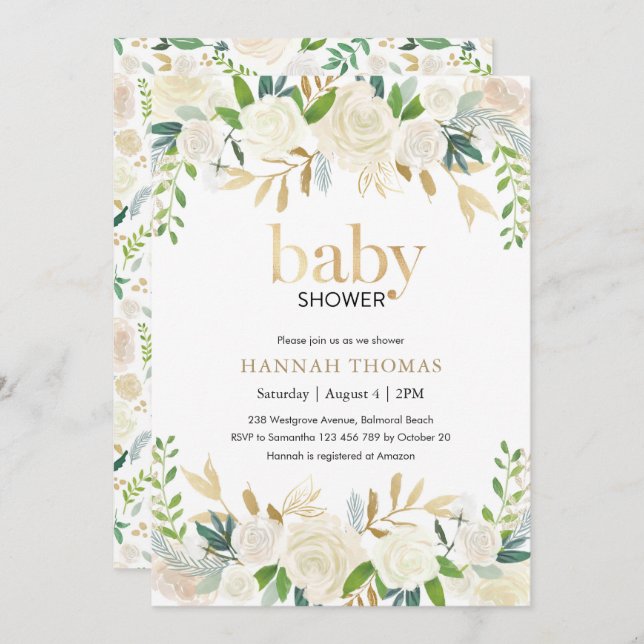Baby Shower Invitation | White and gold floral (Front/Back)