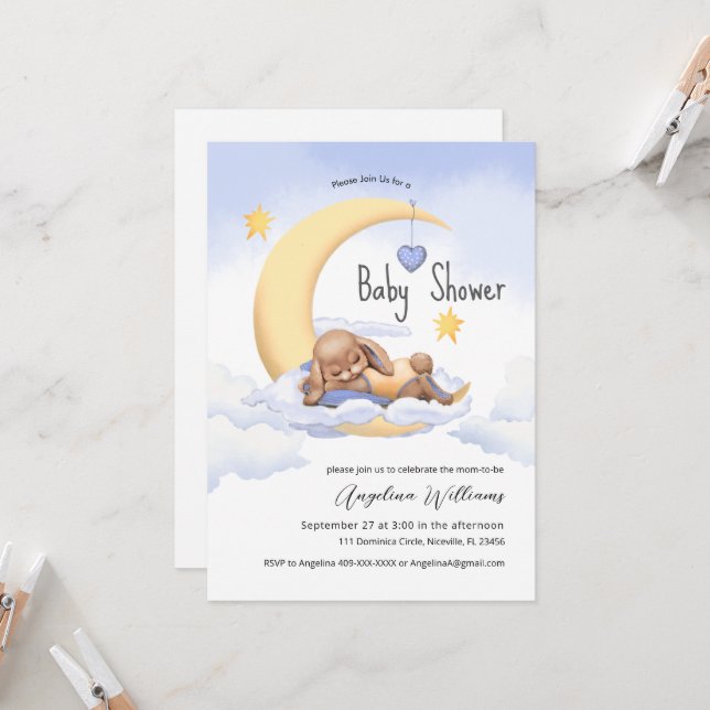 Baby shower invitation with an adorable bunny. (Front/Back In Situ)