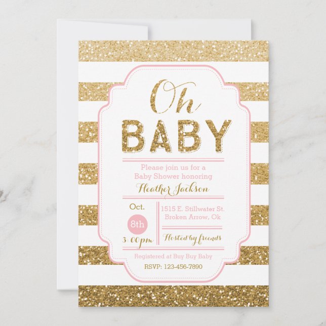Baby Shower Invitation with Pink and Gold Glitter (Front)