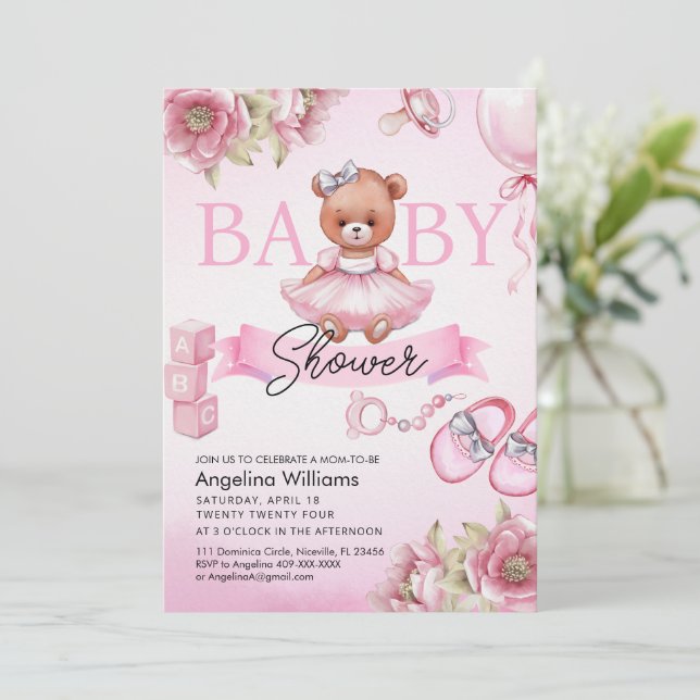 Baby Shower Invitation with teddy bear. (Standing Front)