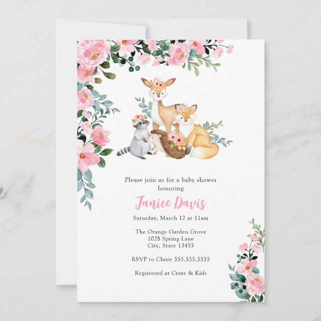 Baby Shower Invitation, Woodland Pink Animals Girl Invitation (Front)