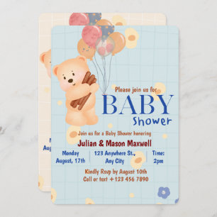 Baby Shower Invitations - Beige and Blue Cute Bear