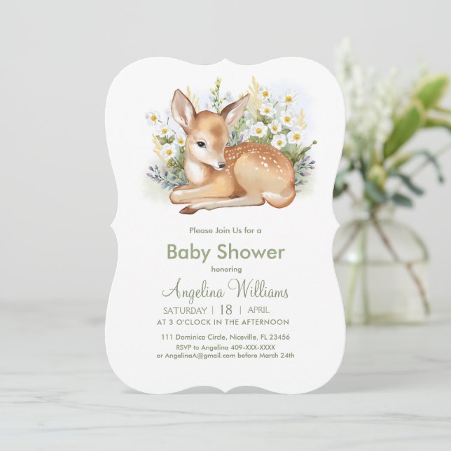Baby shower invitations with an adorable  fawn. (Standing Front)