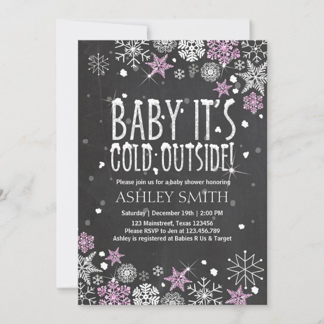 Baby Shower invite Baby cold outside Pink Silver (Front)